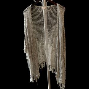 POL Sage Green Open-Knit Cardigan with Fringe